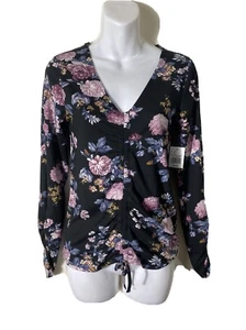 Blusa donna Eye Candy nera floreale increspata manica lunga elasticizzata taglia small - Foto 1 di 7