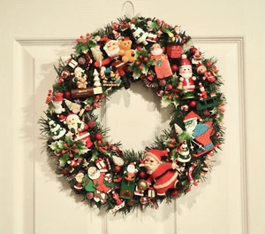 15” Vintage Christmas Ornament Wreath Kitsch Door Decor Handmade Wooden - Picture 1 of 7