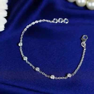 14K White Gold Plated 7" 1CT Lab Created Diamond Bezel Set Charm Chain Bracelet - Image 1 of 4