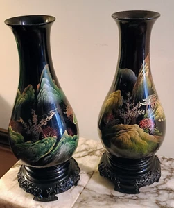 Vintage chinesische Bakelit Vasen passendes Paar (2) handbemalt auf schwarz - Bild 1 von 13