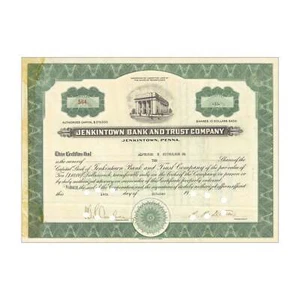 Jenkintown Bank & Trust Company Stock Certificate // 10 Shares // Green // 1941 - Picture 1 of 2