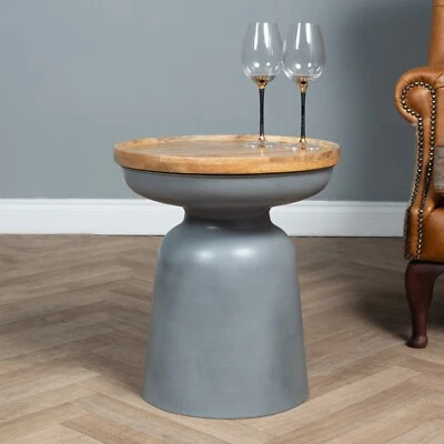 Elm Home And Garden Round Side End Lamp Table Grey Metal Solid Wood Oak Finish 4