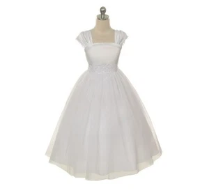 White Satin Mesh Overlay Flower Girl Dress Wedding Holy Communion Princess Full - Picture 1 of 8
