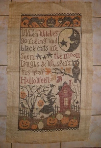 Large Halloween Cross Stitch Needlework When Witches Go Riding Poem 31" x 16" - Picture 1 of 8
