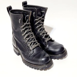 Frye Logger Black Leather Combat Biker Lace Boots Vibram Soles MidCalf Wms 6M US - Picture 1 of 24
