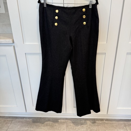 Tory Burch Pantaloni da marinaio grigio scuro in lana a gamba larga con bottoni taglia L zip laterale