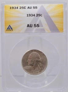 1934 25c Washington Quarter ANACS AU55 .900 Silbermünze Standard Label - Bild 1 von 3