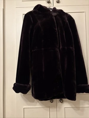 Dennis Basso Hooded Fax Fur Coat  Anorak Waist Design Size Medium  Deep  Purple - Image 1 of 4