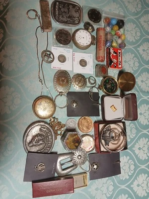 Junk Drawer Lot Jewelry silver  Coins elgin pocket watch belt buckles  And More - Image 1 of 4