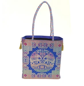 Blue Hand Bag Traditional Banarasi Zari Brocade Golden Tassels Elephant Motif - Picture 1 of 9