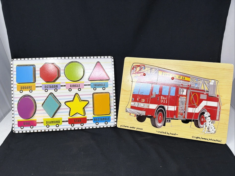 Комплект винтажных прочных деревянных пожарных машин и головоломок Melissa & Doug; возраст 2–5 лет - Изображение 1 из 4