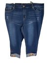 NEW Avenue Jeans Blue Embroidery Floral High Rise Womens Size 26 Roll Cuff 