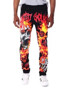GFTD LA Los Angeles Men's Chrome Fur Skinny Fit Painted Fire Skull Distress Jean - Picture 1 of 6
