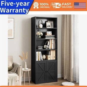 🔥Tall Bookshelf Farmhouse Bookcase with Doors Display Storage Shelves Wooden NE - Picture 1 of 9