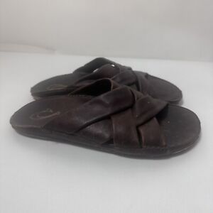 Olukai Sandals Mens 9 Brown Kava Slide Leather Criss Cross  Slip On Flat Beach