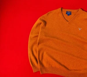 GANT Men Orange 100% Lambs Wool Color Shield Sweater Size XXL Knit V-Neck Jumper - Picture 1 of 14