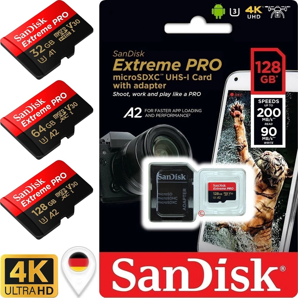 SanDisk Extreme Pro micro SD Speicherkarte 32GB 64GB 128GB 256GB 512GB 4K V30 A2 - Bild 1 von 1