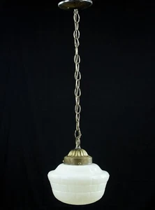 Antique Schoolhouse Brick Pattern Milk Glass Globe Brass Chain Pendant Light - Picture 1 of 17