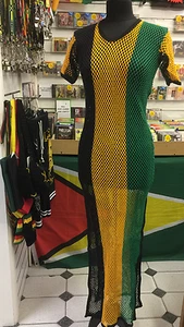 WOMEN'S JAMAICA BLACK YELLOW & GREEN STRING MESH FISHNET DRESS SIZES S/M M/L L/X - Picture 1 of 4