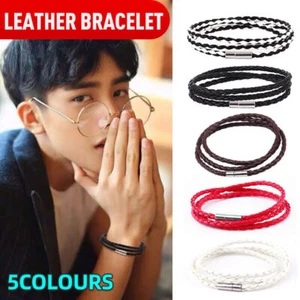PU Leather Bracelet Wristband Three Wrap Men Women Black Brown Adjustable Bangle - Picture 1 of 17