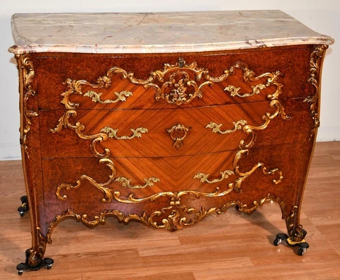 1880 Antique French Louis XV Burl Walnut & Walnut Marble top Commode / dresser Cover