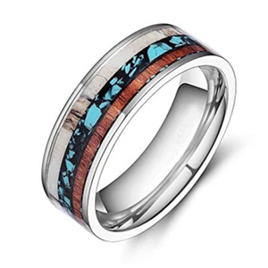 Ebay Wedding Rings For Men or Women. 8mm Titanium Band Wood Turquoise & Antler - Picture 1 of 6