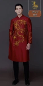 Red Embroidered Men Ao Dai Long Dress, Ao Dai Chu Re, Ao Dai Nam - Picture 1 of 18