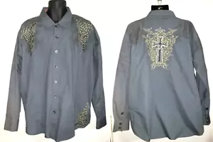 Men's LAMASINI Shirt Long Sleeve Button Front, Cross Studded, Embroider XXL - Picture 1 of 24