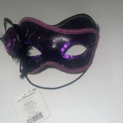 Purple & Black  Masquerade Mask w/ Feathers 7 inches Wide Brand New - Image 1 of 4