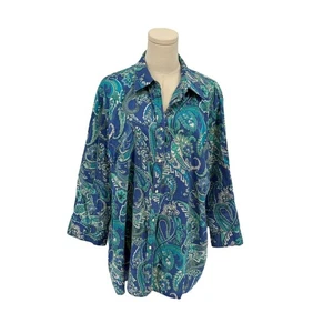 Lauren Ralph Lauren Blue Green Paisley Print Cotton Button Up Shirt Plus Size 2X - Picture 1 of 6