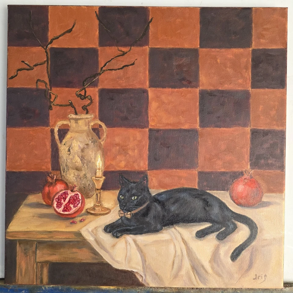 原版油画宠物肖像 14×14 英寸,可爱燕尾服猫,石榴  — 第 1/1 张图片