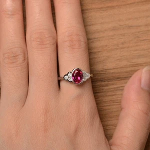 925 Sterling Silver Minimal Pink Ruby Ring Lab Created Women Ring US Duty Free - Picture 1 of 5