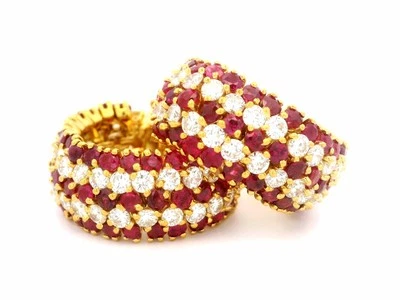 Handmade Vintage 18k Gold 20ctw Ruby & Diamond Substantial Cuff Hoop Earrings - Image 1 of 4