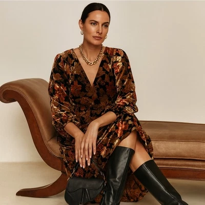 ESHAKTI Autumn Velvet Floral Maxi Dress Gold Black Orange Sz 2X {3V25} - Image 1 of 4