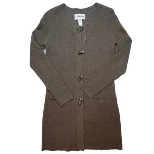 Cardigan Ellen Tracy donna marrone medio lana merino maglione lungo bottoni davanti - Foto 1 di 11