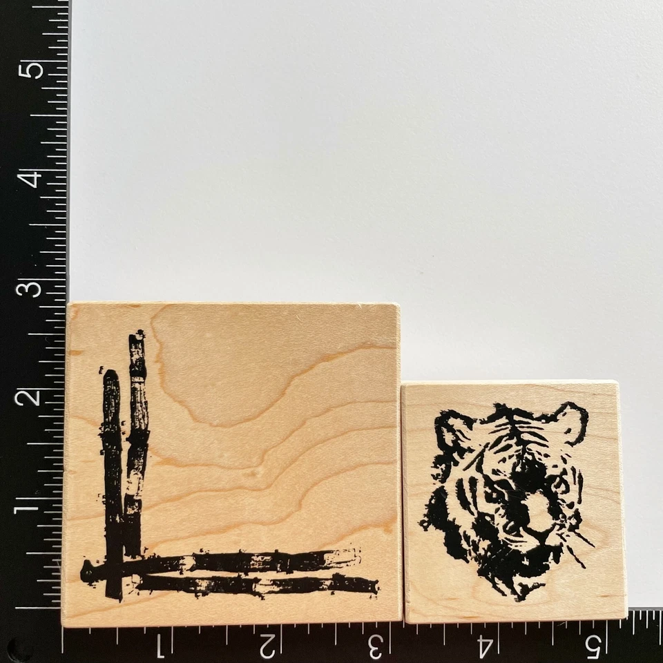 Набор из 2 угловых резиновых штампов Club Scrap Tiger из бамбука с креплением по дереву - Изображение 1 из 3
