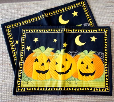 Set/2 VTG c1990's QUILTED APPLIQUE JACK-O-LANTERN CANDY CORN HALLOWEEN PLACEMATS - Image 1 of 4