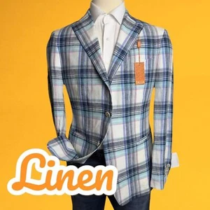 $295 TALLIA Mens Blazer Sport Coat Two Button Jacket 46R LINEN Blue/Navy Plaid - Picture 1 of 9
