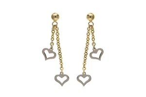 Two Heart Drop Earrings 9ct Yellow and White Gold Drops Dangly Hallmarked - Picture 1 of 2