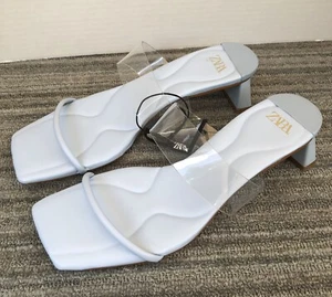 ZARA Wide Heel Slip On Sandal Clear Strap Light Blue Air fit Insole New 37 6.5 - Picture 1 of 8