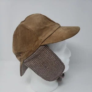 Double Brim Leather Men's Winter Hat Brown Tweed Houndstooth Ear Flaps VTG USA - Picture 1 of 13