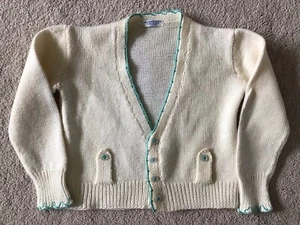 Kinder Vintage 60er Strickjacke Pullover beige mit türkisfarbenem Besatz THE WHITE HOUSE London - Bild 1 von 14