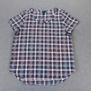 Gap Womens Shirt Large Blue Teal Colorful Plaid Check Scoop Neck Lightweight - Picture 1 of 6
