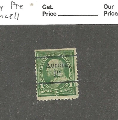 US Scott # 279, 1 cent green,  1897, VF-XF, precancel, Aurora ILL. - Image 1 of 2