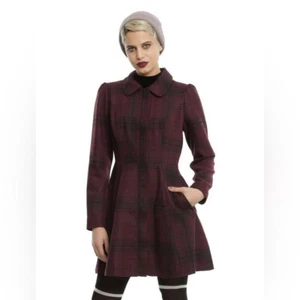 Hot Topic Burgundy Plaid Full Zip Long Line Collared Pea Coat Women's XL - Picture 1 of 5