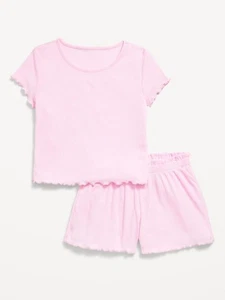 Old Navy Girls Ribbed Lettuce-Edge Pajama Set Pink XL 14-16 - Picture 1 of 5