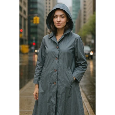 Vtg The Totes Trench Rain Coat Womens Gray Water Repellent Hooded M 10 New Chic - Image 1 of 4
