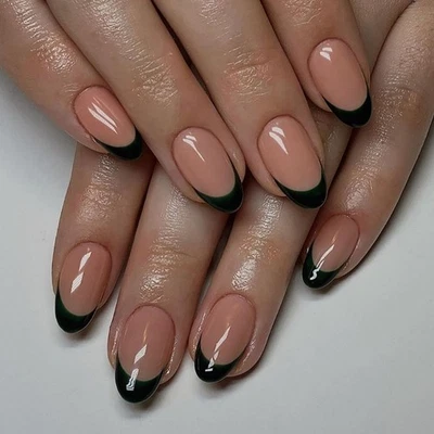 French Fake Nail Green Black Designs False Nail,Artificial Nail Glues on Nail - Image 1 of 4