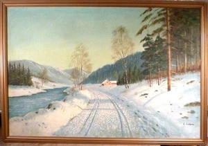 SIGVARD SCHOU! NORWEGIAN WINTER LANDSCAPE WITH HOUSE AT THE RIVER. - Picture 1 of 5