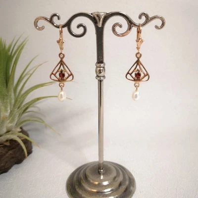 Granat Perle Ohrringe Jugendstil Trachten Retro Sterling Silber 925/- Antikstil - Bild 1 von 4